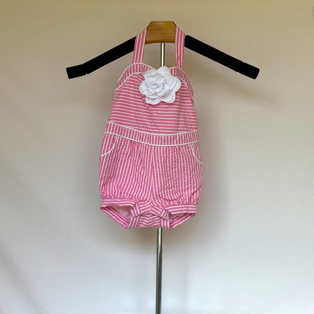 JANIE & JACK | Dolce Pink and White Stripe Seersucker Romper - Picture 3 of 15